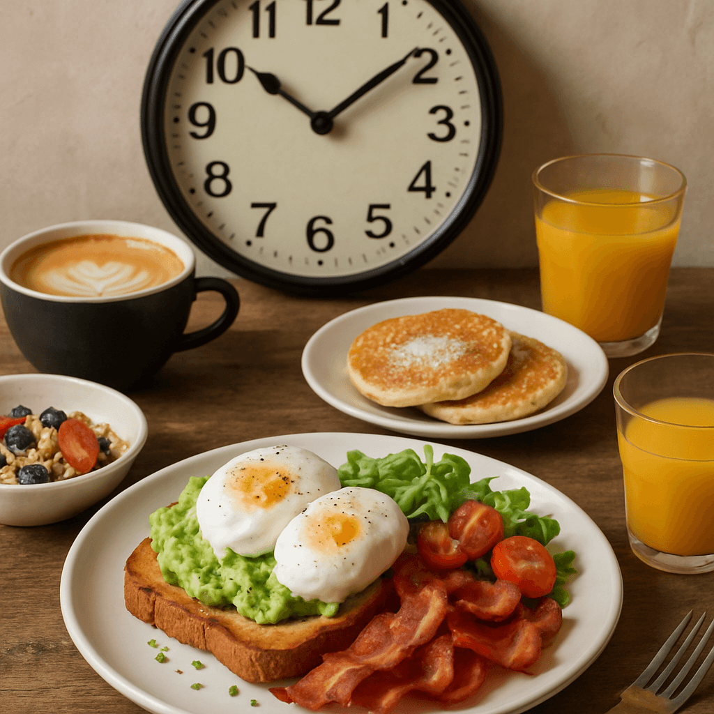 table full of brunch items and a clock